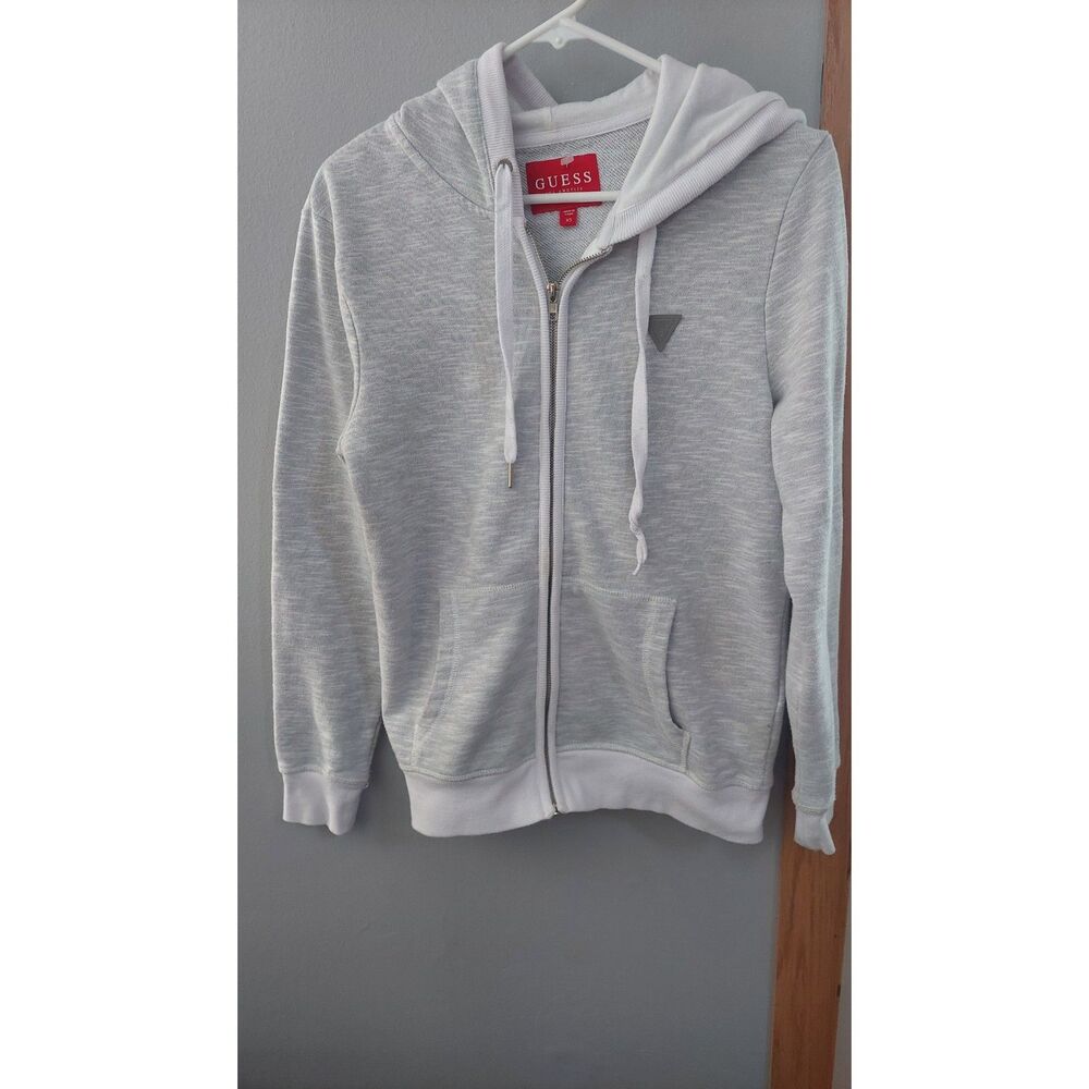 GUESS Gray Marled Zip Hoodie XS White Trim Logo Full Zip Sweatshirt